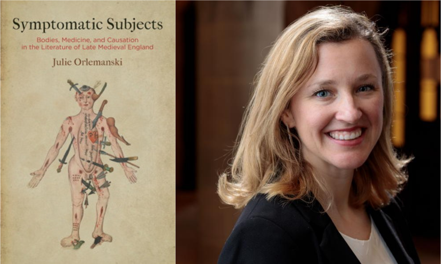 The cover of Orlemanski's book features the Wound Man on a parchment-like background. Orlemanski is featured in an author headshot: a white woman with blonde shoulder length hair wearing a black blazer and white shell. She is smiling.
