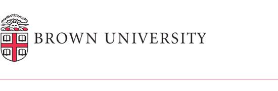 The Brown University logo is an all caps serif font with the crest of the university on the left. The crest features a shield dividing cross into quadrants with a book in each. Above it, a sun rising over a red and white banner horizon into a cloud.