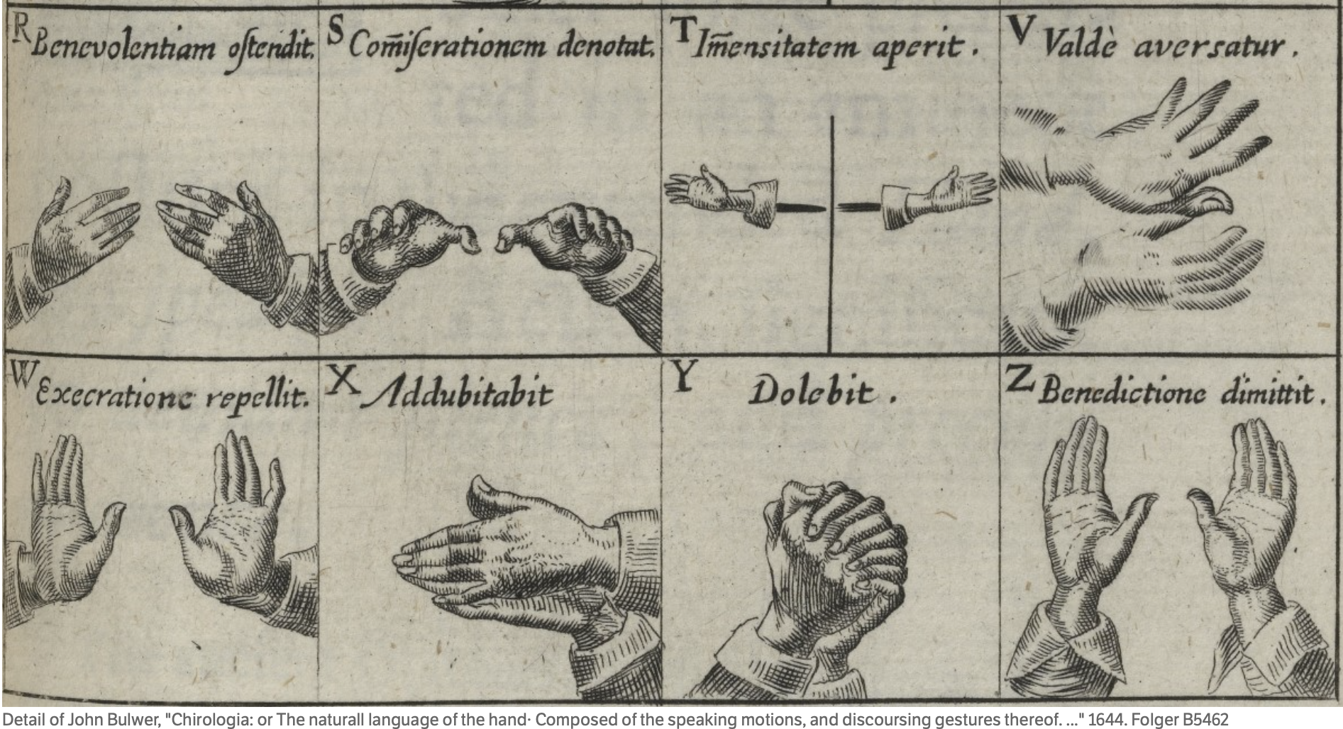 Illustration of eight hand gestures arranged in a grid demonstrating early modern sign language letters of R, S, T, V, W, X, Y, and Z, accompanied by Latin phrases Detail of John Bulwer, "Chirologia: or The naturall language of the hand· Composed of the speaking motions, and discoursing gestures thereof. ..." 1644. Folger B5462